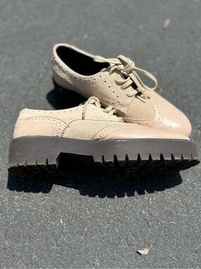 Maeve Beige Leather and Suede Wingtip Loafers with Lug Sole